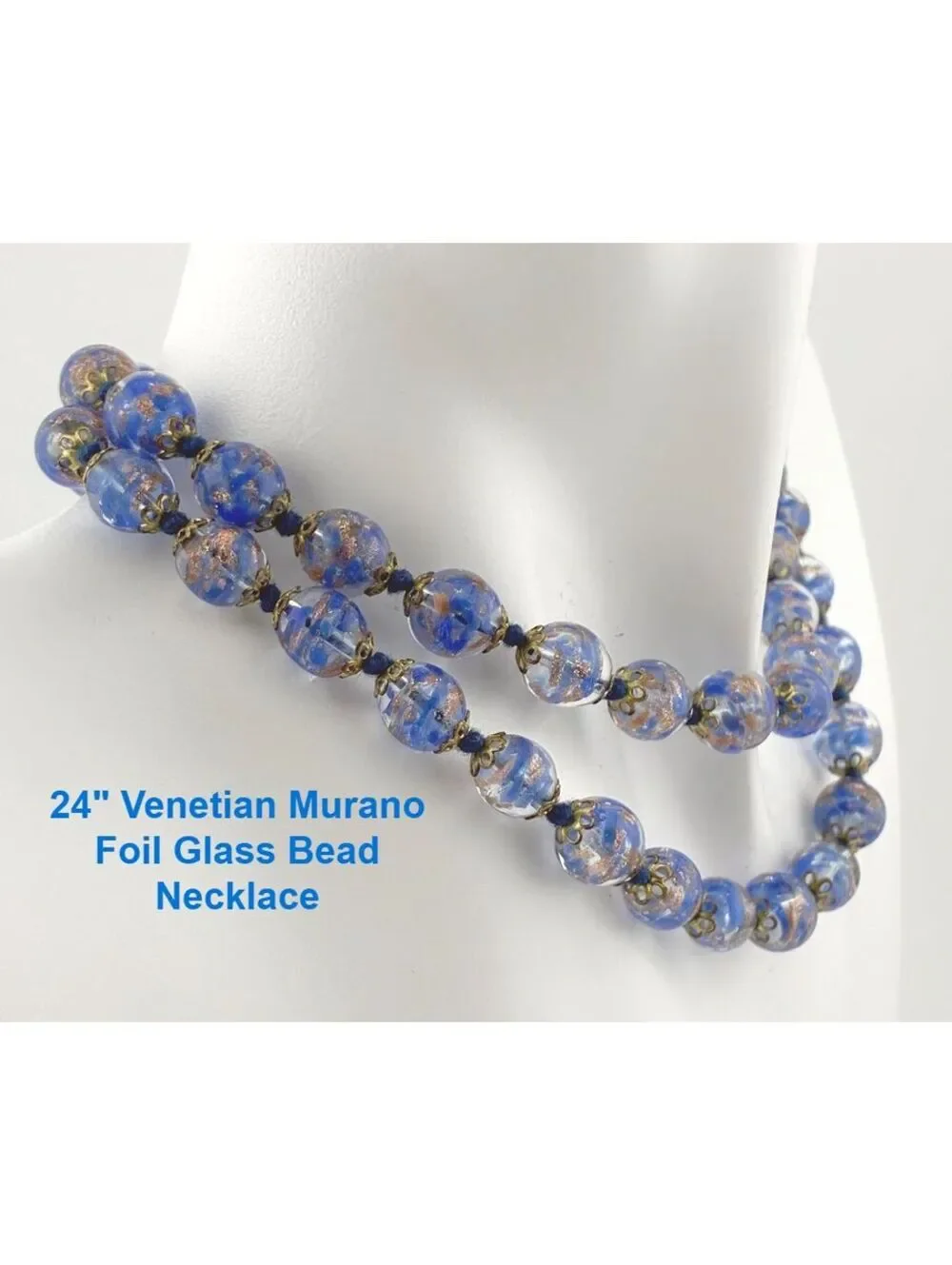 Vintage Blue Venetian Murano Glass Foil Beaded Necklace with Gold Tone Clasp 24
